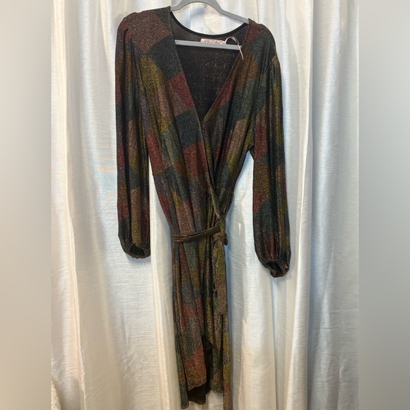 Rare ✨Anthropologie |Traffic People Metallic Plaid Wrap Dress XL ✨ - Picture 13 of 14